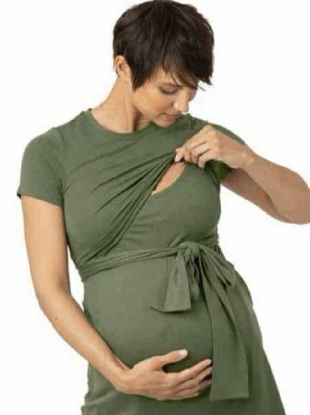 Kindred Bravely Bamboo Olive Green Short Sleeve Nursing Tie-Waist Wrap Dress
